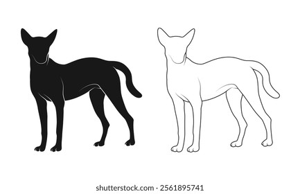 Standing dog silhouette and line art dog vector illustration on a white background