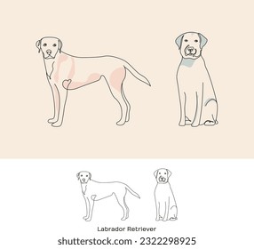 Standing dog, sitting labrador retriever. Continuous line art drawing style. Curious funny dog black linear sketch isolated on white background. Vector illustration. Isolated, freestanding graphic.