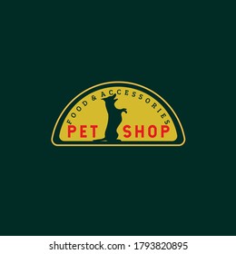 Standing dog vector illustration in half circle frame with text isolated on dark background perfect for pet shop logo which provide food and accessories 