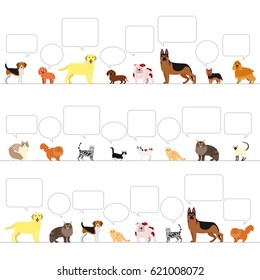 standing dogs and cats with speech bubbles border set