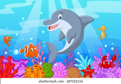 Standing Dolphin Illustration with collection fish