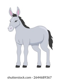 Standing donkey with black mane 2D cartoon character. Domesticated desert animal. Beast of burden. Rural mule. Cute livestock flat vector animal isolated on white. Spot illustration colorful