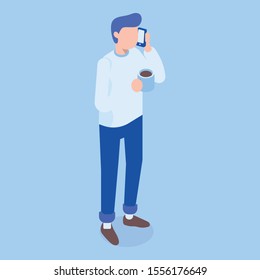 Standing drinking coffee and talking phone man isometric vector	
