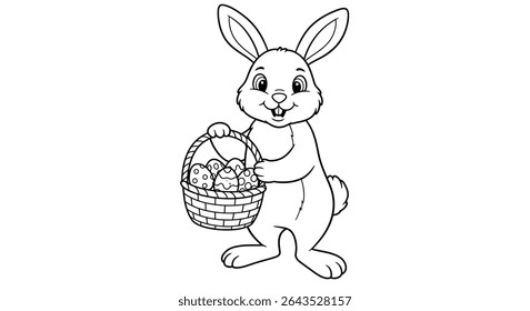 Standing Easter Bunny Character Outline Holding Festive Woven Basket Brimming With Decorated Holiday Eggs