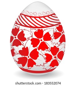 Standing up Easter egg hand painted in white and red colors flower pattern