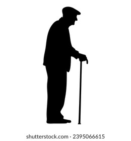Standing Elderly man with cane silhouette. Vector illustration