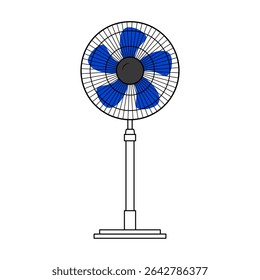Ventilador elétrico permanente com ilustração de vetor de lâminas azuis. O ventilador possui uma grade de proteção redonda, envolvendo cinco pás de ventilador azul larga anexadas a um cubo de motor preto central.