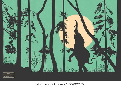 Standing elephant in mixed forest. Big animal isolated silhouette between trees. Yellow sun on green texture background. Vector illustration for use in polygraphy, textile, design, interior decor