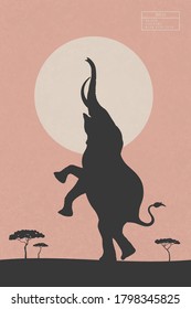 Standing elephant in savannah. Desert landscape with trees and big animal isolated silhouette. White sun on peachy texture background. Vector illustration for use in polygraphy, textile, nursery decor