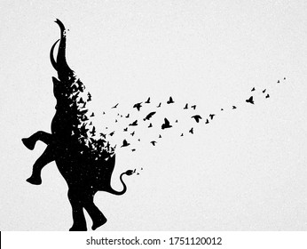 Standing elephant silhouette, flock of flying birds. Endangered animal. Life and death. Wildlife protection concept. Metaphor black and white art poster. Vector illustration for prints, t-shirts