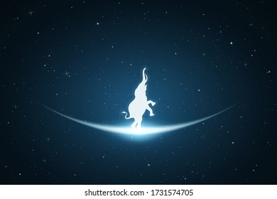 Standing elephant in space. Vector conceptual illustration with white silhouette of endangered animal and glowing outline. Surreal blue background for greeting cards, posters and other design