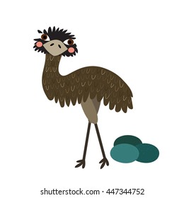 Standing Emu with eggs animal cartoon character isolated on white background.