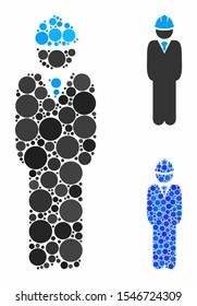 Standing engineer composition of small circles in different sizes and color tinges, based on standing engineer icon. Vector small circles are composed into blue composition.