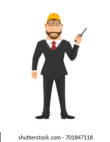 Standing engineer with radio communication in hand isolated vector on white background