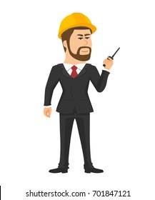 Standing engineer with radio communication in hand isolated vector on white background