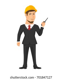 Standing engineer with radio communication in hand isolated vector on white background