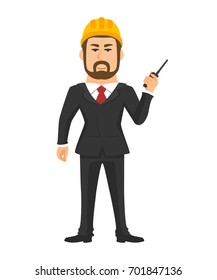 Standing engineer with radio communication in hand isolated vector on white background