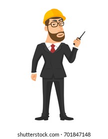 Standing engineer with radio communication in hand isolated vector on white background