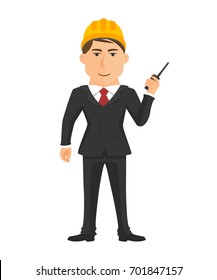 Standing engineer with radio communication in hand isolated vector on white background
