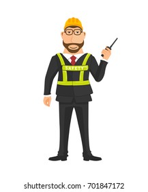 Standing engineer with Safety vest in hand isolated vector on white background