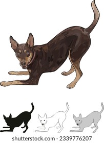 Standing English toy terrier detailed drawn dog. Playing pose. Logo design, dog silhouette, and outlines, dog stroke. Pet character postcard art. Funny dog mascot. Detailed small terrier.