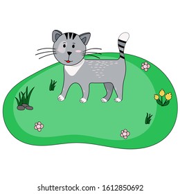 Standing farm cat is in cartoon style. Smiling house cat is walking in the village. Vector illustration for kids, books, education and etc.