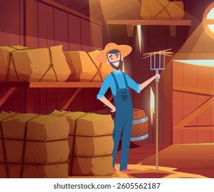 Standing farmer. interior of a barn with hay. vector cartoon background