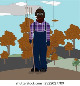 Standing farmer at work, watching the changing time and seasons with various expressions