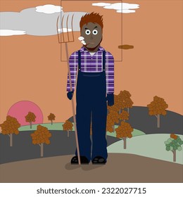 Standing farmer at work, watching the changing time and seasons with various expressions