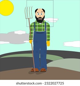 Standing farmer at work, watching the changing time and seasons with various expressions