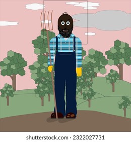 Standing farmer at work, watching the changing time and seasons with various expressions