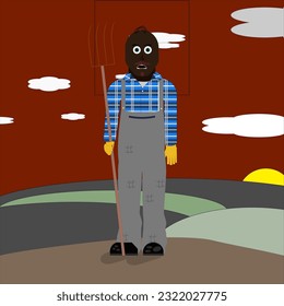 Standing farmer at work, watching the changing time and seasons with various expressions