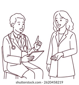 Standing female doctor speaks with seated male doctor holding clipboard. Medical professionals discuss treatment plan or patient care during consultation