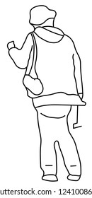 Standing female silhouette, black and white sketch. Line art.