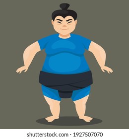 Standing Female Sumo Wrestler. Japan Character In Cartoon Style.