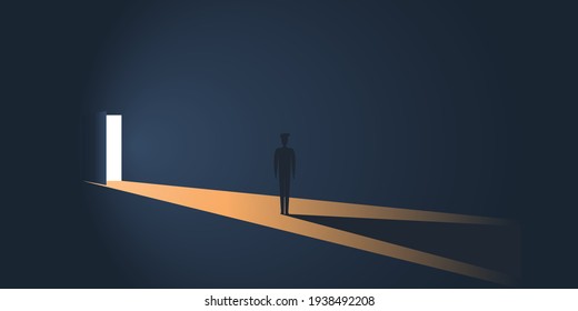 Standing Figure in a Dark Room in Front of an Open Door with Bright Light Coming In From Outside - New Possibilities, Hope, Overcome Problems, Solution Finding Concept Design