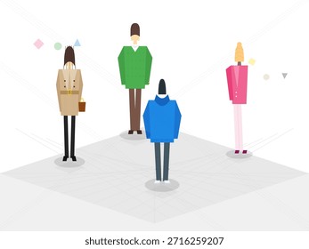 Figuras de pie en estilo simple sobre una superficie plana con Formas geométricas en el fondo