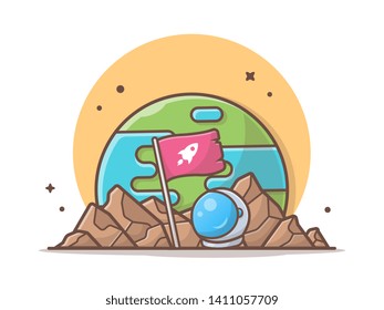 Standing Flag on Planet with Astronaut Helmet Space Vector Illustration. Flat Cartoon Style Suitable for Web Landing Page,  Banner, Flyer, Sticker, Wallpaper, Card, Background