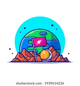 Standing Flag on Planet with Astronaut Helmet Space Cartoon Vector Icon Illustration. Science Technology Icon Concept Isolated Premium Vector. Flat Cartoon Style