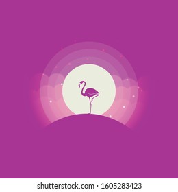 Standing Flamingo Silhouette with Clouds and Light Background Flat Design