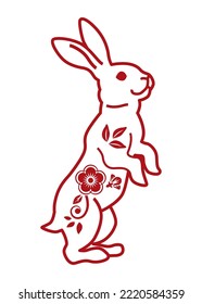 Standing floral rabbit - 2023 Year of the rabbit clip art, Red outline