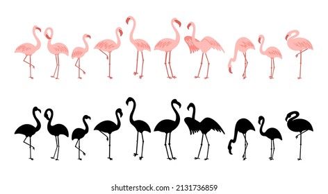 Standing and flying flamingo bird vector. Object and shadow silhouette illustration clipart.