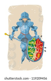 Standing foot knight with a large shield, vector