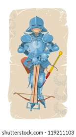 Standing foot knight with sword and crossbow, vector