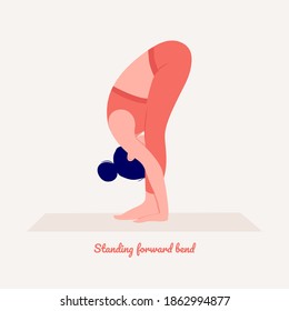 Standing forward bend - Uttanasana. Young woman practicing Yoga pose. Woman workout fitness, aerobic and exercises. Vector Illustration.