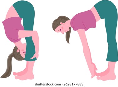 Standing forward bend yoga poses – woman demonstrating deep and shallow variations (vector illustration)