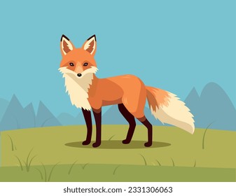 Standing fox isolated on nature. Body side view, head in full face. stock vector illustration. forest animal