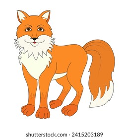 Standing fox isolated on a white background. Body side view, head in full face. Vector illustration. Forest animal.