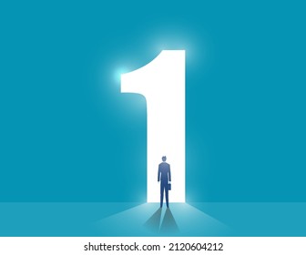 Standing in front of an open door in shape of number one. Business vector illustration - Shutterstock ID 2120604212