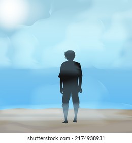 standing in front of sea wave vector graphic illustration.